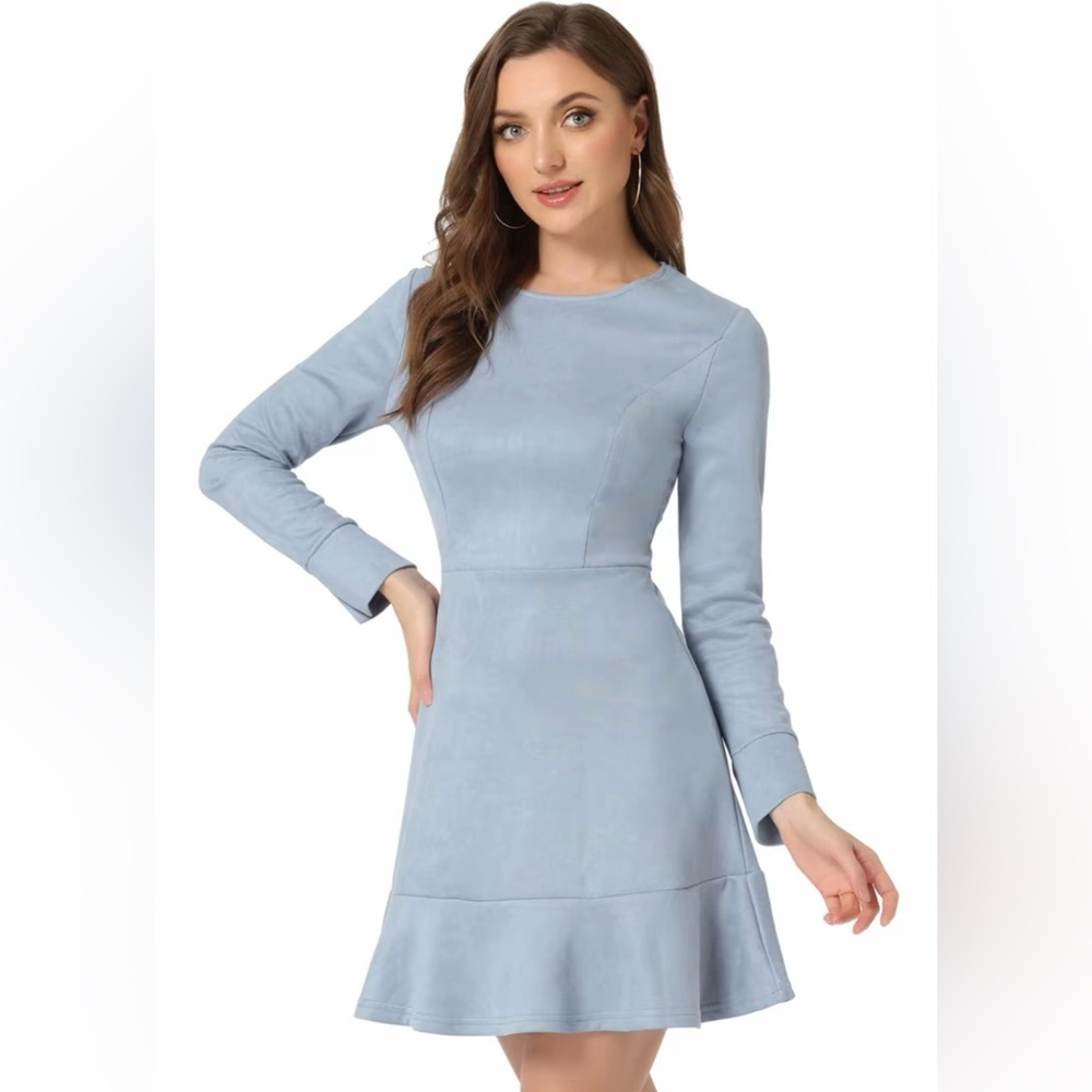 Women's Regular Fit Faux Suede Crew Neck Long Sleeve Ruffled Hem Grey Blue XL